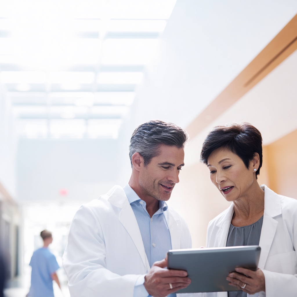 Specialists reviewing a shared view on a tablet — services shaped around the people they serve